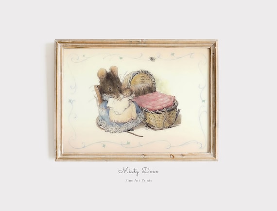 Beatrix Potter Nursery Wall Art, Vintage Mouse and Baby Illustration, Kids Storybook Poster, Kids Room Cute Mouse Print Art.