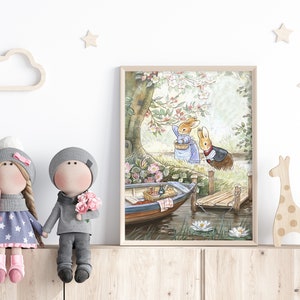 Vintage Beatrix Potter Bunnies Illustration Set of 2, Cute Bunny Wall Art for Nursery, Printable Vintage Children's Room Poster Art.