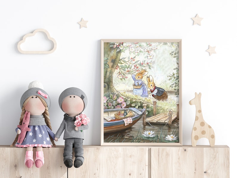 Vintage Beatrix Potter Bunnies Illustration Set of 2, Cute Bunny Wall Art for Nursery, Printable Vintage Children's Room Poster Art.