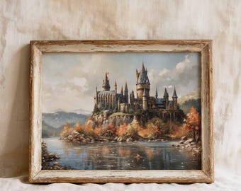 Wizard Castle in Autumn Landscape Oil Painting, Magical School Fine Art Print, Wizarding Academia Wall Art.