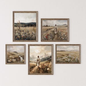 Juego de 5 paisajes rústicos de flores silvestres de Jesús, arte de pared cristiano de descarga digital, arte de póster de campo de Jesús.