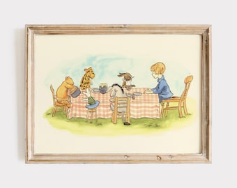 May include: A framed illustration featuring Winnie the Pooh and friends gathered around a table. The scene includes a red and white checkered tablecloth, wooden chairs, and a light blue sky background. The artwork has a vintage, storybook aesthetic.