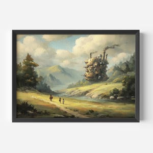 Puede incluir: Impresi&oacute;n art&iacute;stica enmarcada que representa un paisaje fant&aacute;stico con un castillo en movimiento y figuras en un camino. La obra de arte utiliza una paleta de colores c&aacute;lidos y un dise&ntilde;o detallado inspirado en la fantas&iacute;a. La impresi&oacute;n est&aacute; enmarcada en negro.