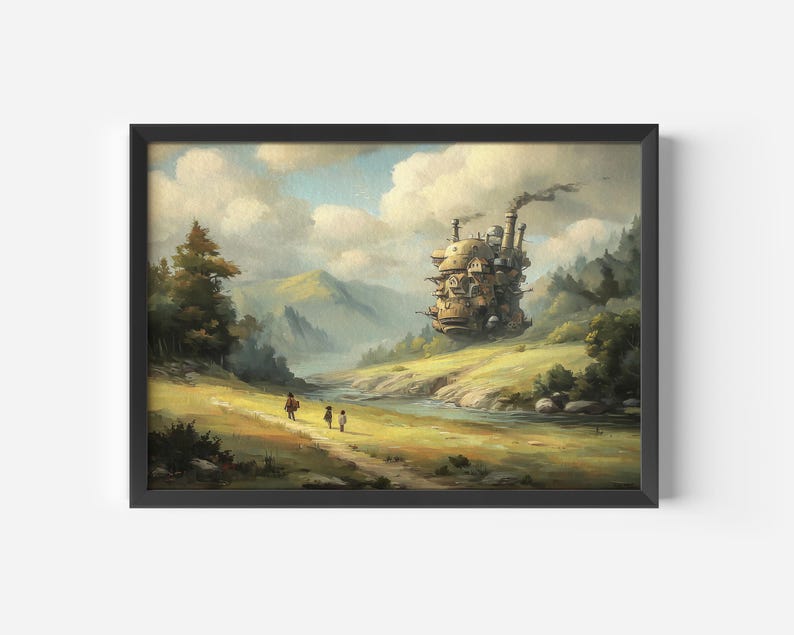 Puede incluir: Impresi&oacute;n art&iacute;stica enmarcada que representa un paisaje fant&aacute;stico con un castillo en movimiento y figuras en un camino. La obra de arte utiliza una paleta de colores c&aacute;lidos y un dise&ntilde;o detallado inspirado en la fantas&iacute;a. La impresi&oacute;n est&aacute; enmarcada en negro.