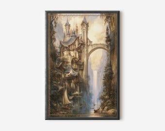 Elvish River Landscape Ink and Water Color Illustration, Power Ring Fine Art Print, Fellowship River Poster.