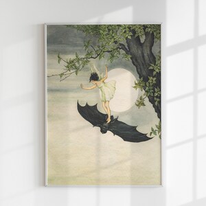 Fairy Riding on a Bat, Antique Wall Art by Ida Rentoul Outhwaite, Cute Vintage Fairytale Bat Wall Decor, The Golden Age of Illustration. image 4