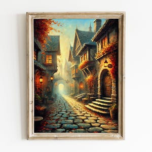 Poster Witches and Wizard Alley Oil Painting, World of Wizardry Art Print, Fantasy Book Gift Art, Fantasy Alley Wall Decor.