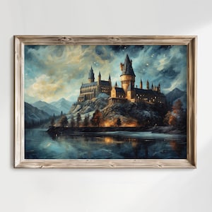 Zaubererschloss unter Sternenhimmel Ölgemälde, magische Schule Kunst, Zauberschule druckbare Wandkunst.