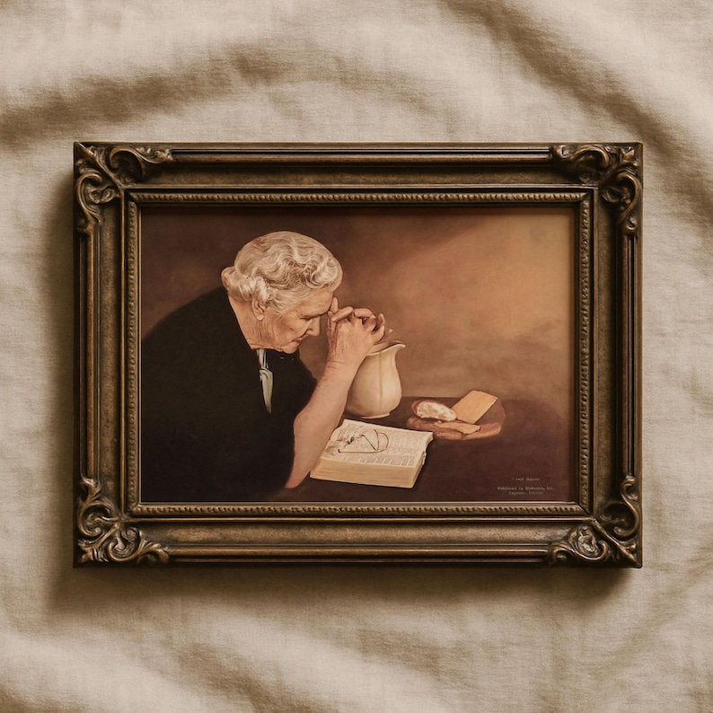 Gratitude by Eric Enstrom, Old Woman Praying Over Bread, Pray To Jesus Fine Art Print, Elderly Woman Praying Over Food, Pray to God Art. image 1