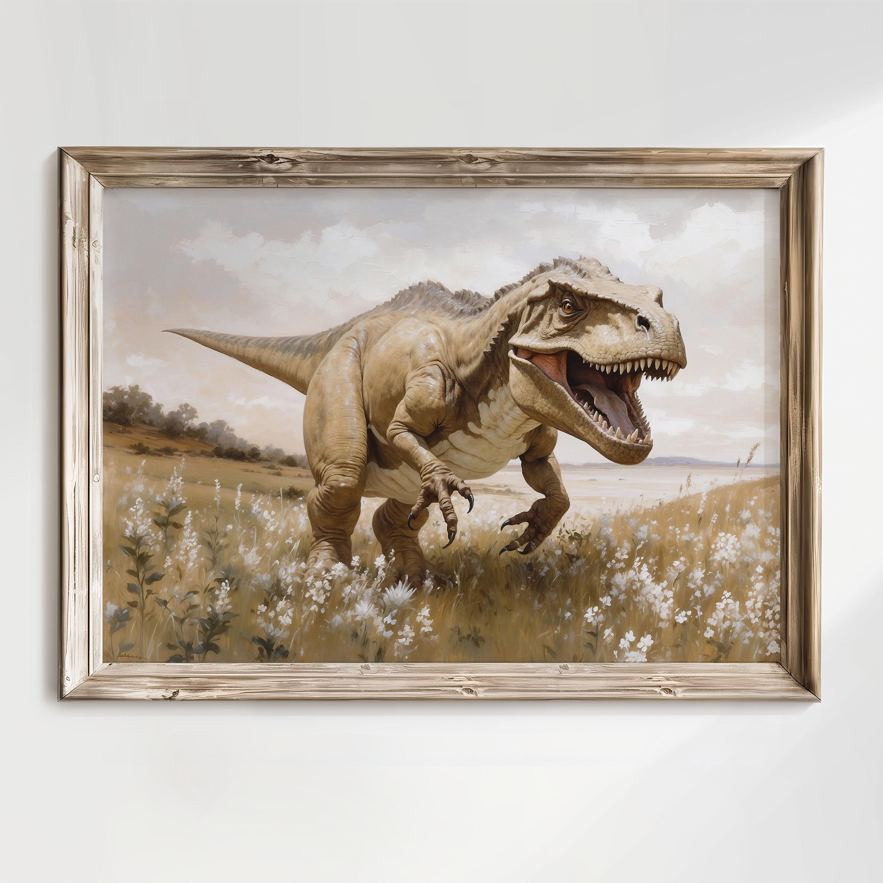 T-rex Walking in a Wildflower Field Oil Painting, Dinosaur Vintage