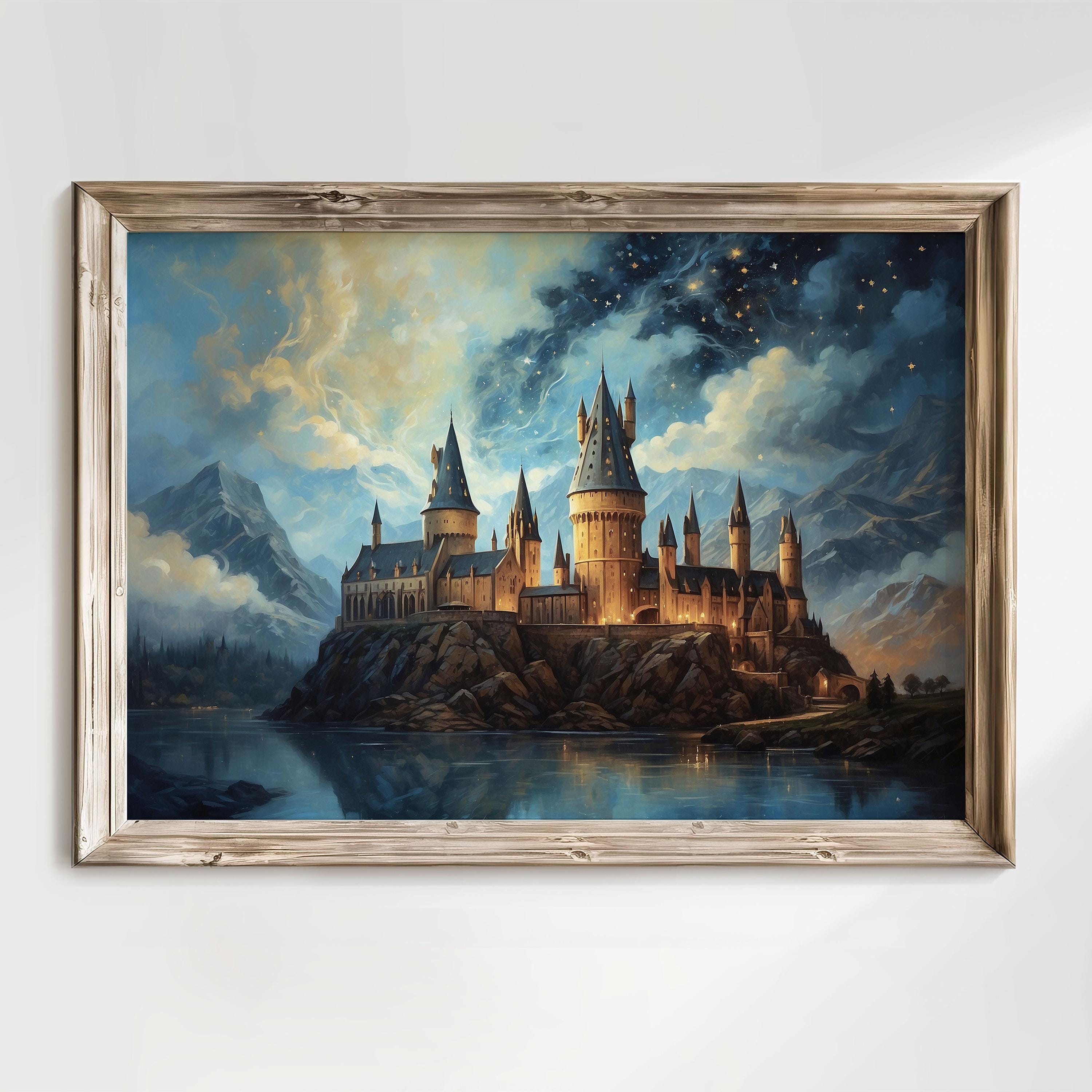 星空の下の魔法使いの城の油絵、魔法学校のアート、魔法アカデミーの