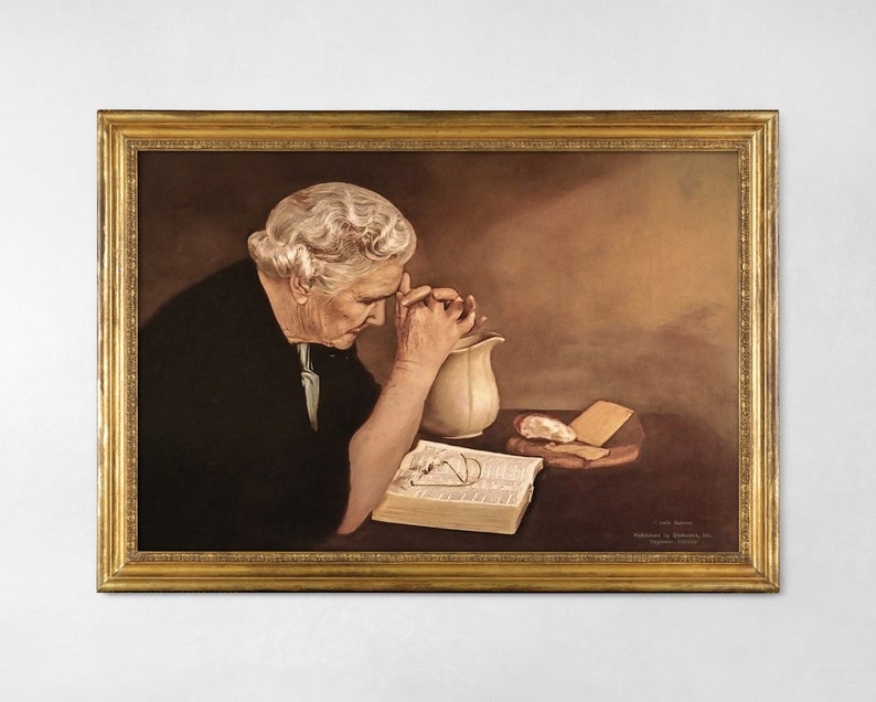 Gratitude by Eric Enstrom, Old Woman Praying Over Bread, Pray To Jesus Printable Wall Art, Elderly Woman Praying Over Food, Pray to God Art.