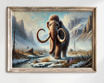 Rustic Oil Painting of a Mammoth in a Snowy Landscape, Prehistoric Animal Fine Art Print.