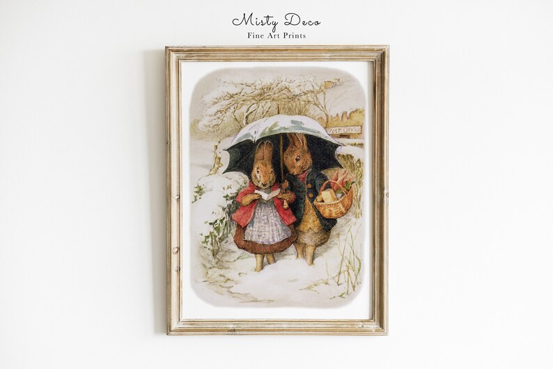 May include: A vintage illustration of two rabbits walking in the snow. The rabbit on the left is wearing a red coat and holding a book. The rabbit on the right is wearing a blue coat and carrying a basket. They are both under a green umbrella.