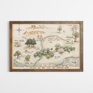 May include: A hand-drawn map of the Hundred Acre Wood from Winnie the Pooh, featuring locations like Pooh Bear's house, Rabbit's house, Owl's house, and Eeyore's Gloomy Place. The map is drawn in watercolor and includes text labels for each location. The map is titled "Drawn by me and Mr. Shepard helped."
