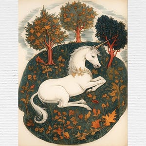 Vintage Medieval Unicorn Illustration, Antique Unicorn Printable Wall Art, Aesthetic Unicorn Print, Magical Unicorn Poster.