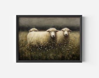 Rustic Vintage Sheep Oil Painting, Farm Animals Printed on Premium Matte Paper.