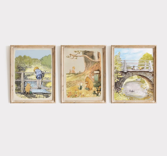 Winnie The Pooh on Stone Bridge, Vintage Printable Wall Art for Nursery Set of 3, Classic Winnie the Pooh Illustration.