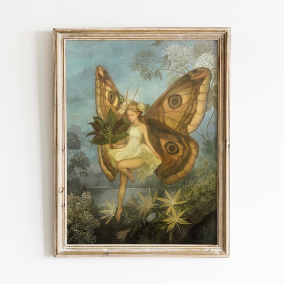 蝶の羽を持つヴィンテージの妖精の絵画、保育園向けのレトロな妖精