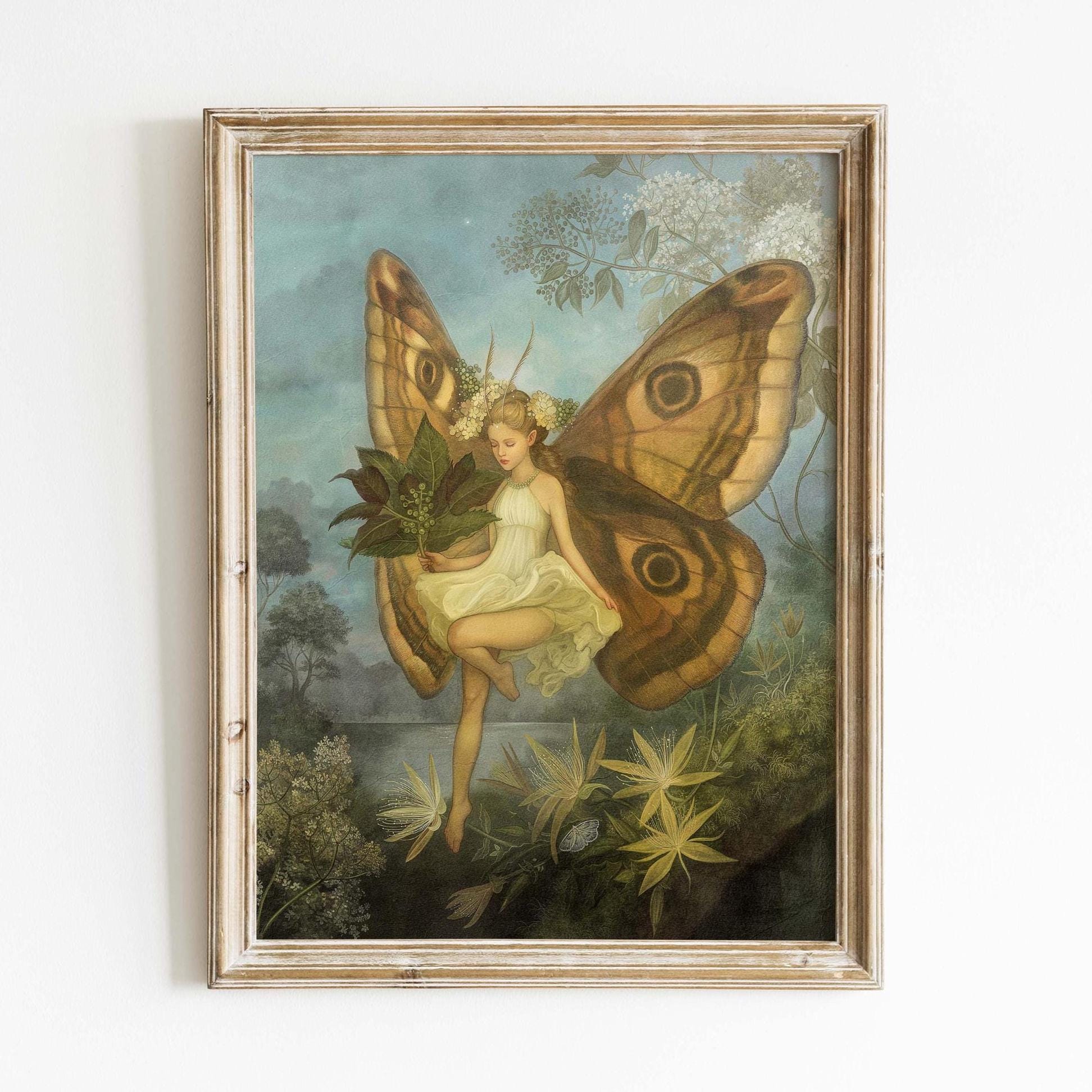 蝶の羽を持つヴィンテージの妖精の絵画、保育園向けのレトロな妖精