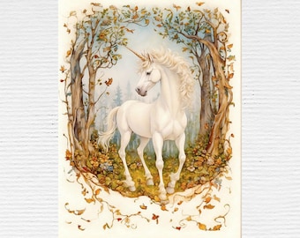 Unicorn Fine Art Print, Unicorn in Enchanted Autumn Forest Illustration, Magical Unicorn Wall Art, Aesthetic Unicorn Print