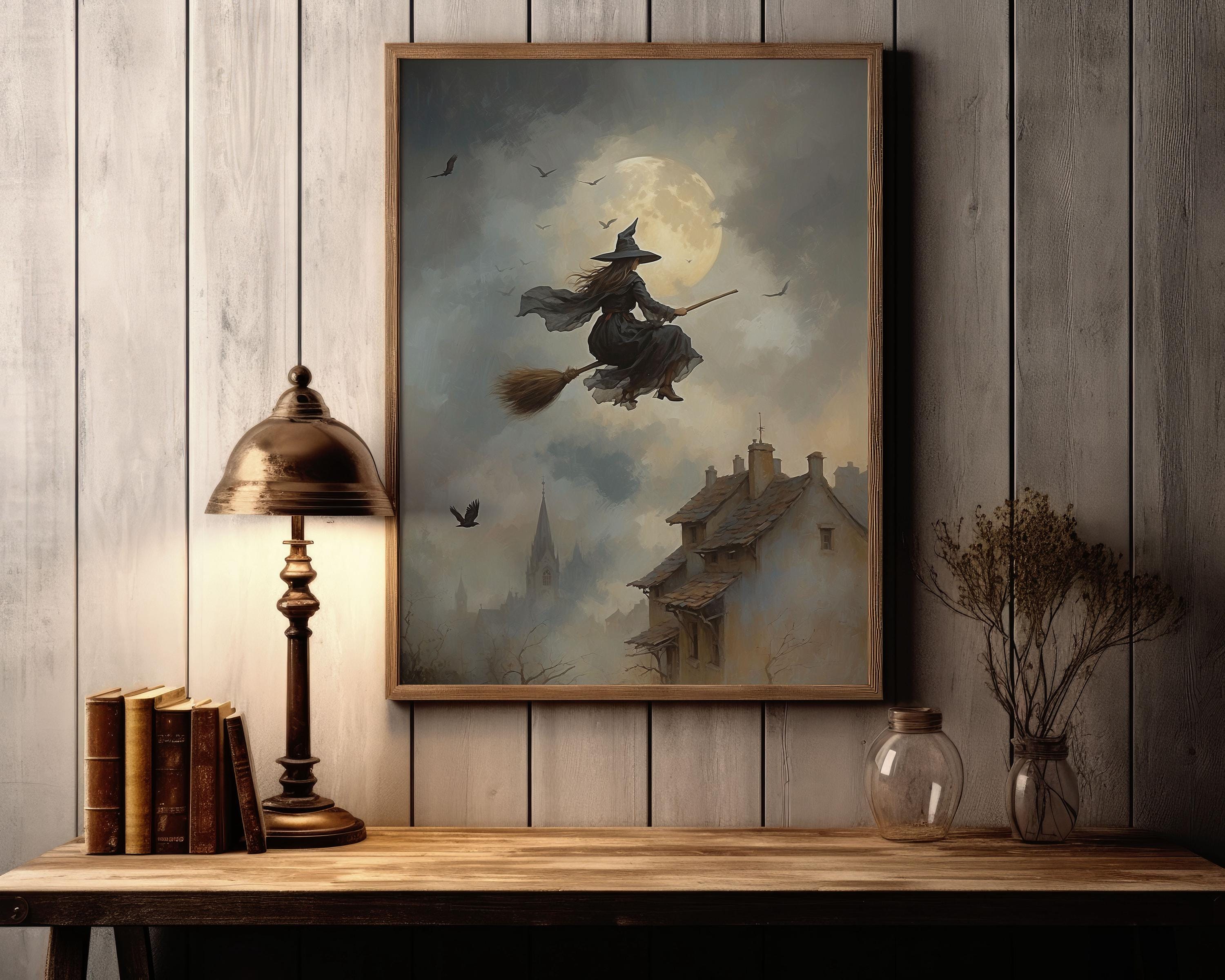 Heks vliegt op een bezemsteel over de daken, gedrukt op premium mat papier.  - Etsy België, image size:3000x2400