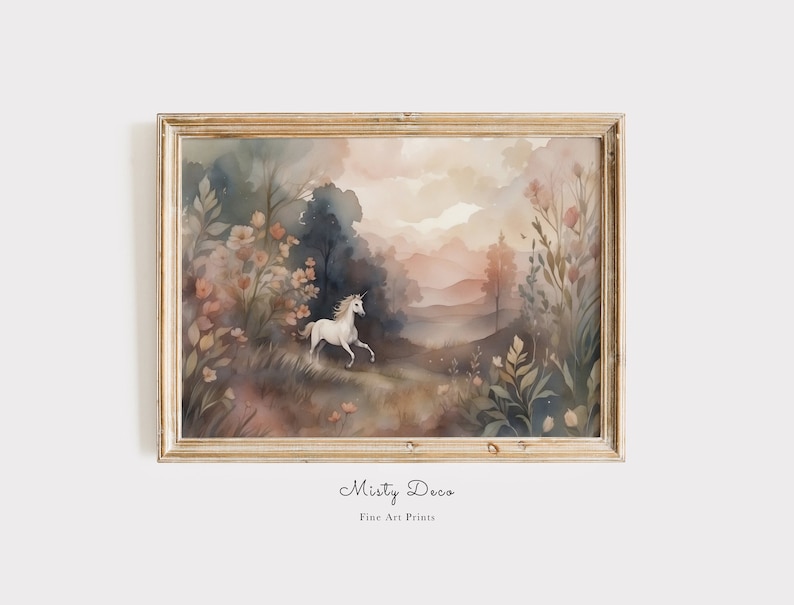 Whimsical Watercolor Painting of a Unicorn running in a Magical Fairy Tale Meadow, Aesthetic Unicorn Art, Enchanting Unicorn Nursery Print.