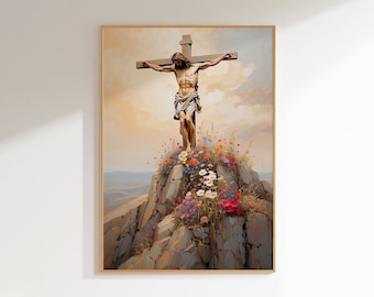 イエスの磔刑の油絵、十字架上のイエス・キリスト、花山の十字架の壁画