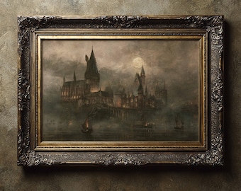 Wizard School Full Moon Painting, Magical School Night Time Fine Art Print, Wizarding Academia Wall Art.