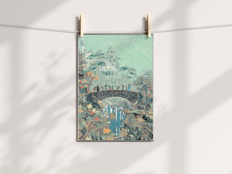 May include: A framed art print depicting a fantasy landscape with a bridge, waterfall, and buildings. The artwork features a color palette of greens, blues, and browns, with figures walking across the bridge. The print is held by wooden clips on a string.