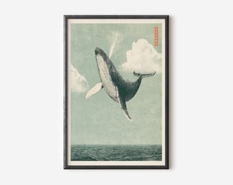 The Whale in the Clouds Japanese Poster, Japandi Minimalist Wall Art, Japanese Vintage Illustration.