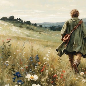 Op de afbeelding: Een persoon in een groene jas en een bruine leren tas loopt door een veld met wilde bloemen. Het veld is groen en bruin met een ver uitzicht op een vallei.