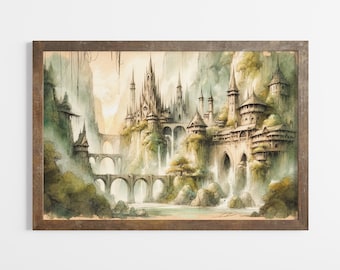 Elvish River Valley Fantasy Ink Illustration, Digital High Fantasy Power Rings Wall Art, Fellowship Poster.