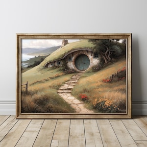 Fantasy House in the Shire, Flower Meadow Landscape Painting, Digital High Fantasy House Wall Art.