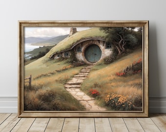 House in Fantasy Valley Landscape, Painting of Fantasy House in Flower Meadow Landscape, Digital High Fantasy Power Ring Wall Art.