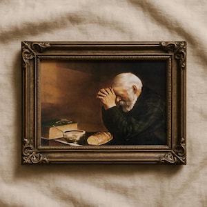 Man Praying Over Bread Wall Art By Eric Enstrom, Grace Old Man Praying Over Food Print Wall Decor, Man Table Prayer Art, Daily Bread.