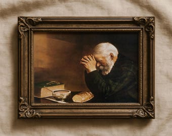 Man Praying Over Bread Wall Art By Eric Enstrom, Grace Old Man Praying Over Food Print Wall Decor, Man Table Prayer Art, Daily Bread.