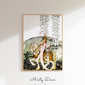 May include: A vintage illustration of a woman in a pink dress and crown riding a horse through a forest. The horse is decorated with gold and green details. The background is a green and blue landscape with trees.