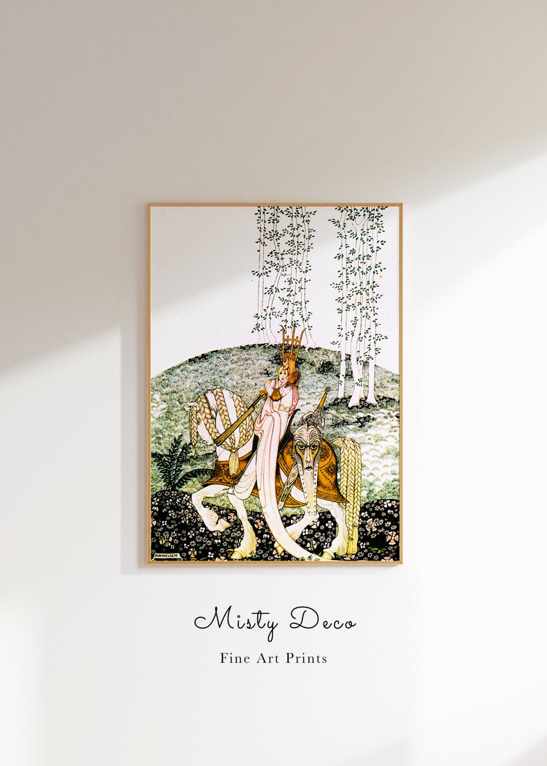 May include: A vintage illustration of a woman in a pink dress and crown riding a horse through a forest. The horse is decorated with gold and green details. The background is a green and blue landscape with trees.