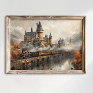 May include: A painting of a train traveling through a misty landscape towards a large stone castle with towers. The train is black with red accents and is traveling over a bridge. The castle is surrounded by trees and mountains.