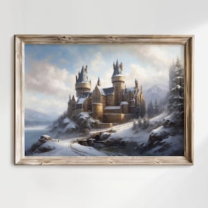 Fantasy Wizard School in Winter Landscape Oil Painting, Wizard Academy Poster Art, Wizarding Castle Fantasy Fine Art Print.