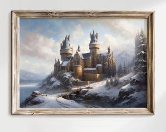 Fantasy Wizard School in Winter Landscape Oil Painting, Wizard Academy Poster Art, Wizarding Castle Fantasy Fine Art Print.