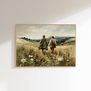 Op de afbeelding: Twee figuren lopen van de kijker weg in een veld vol wilde bloemen. De figuren dragen bruine en groene kleding en lopen op een pad door een veld met groen gras en wilde bloemen. De achtergrond is een glooiend landschap met heuvels en bomen.