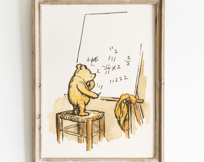 Retro Winnie the Pooh Illustration, Pooh Poster for School, Vintage Winnie the Pooh Art for Nursery, Math Wall Art for Children's Room.