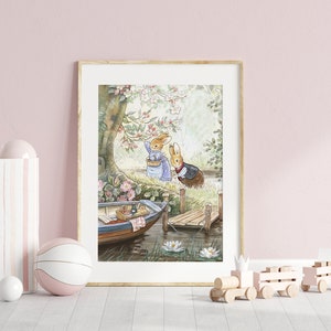 Vintage Beatrix Potter Bunnies Illustration Set of 2, Cute Bunny Wall Art for Nursery, Printable Vintage Children's Room Poster Art.