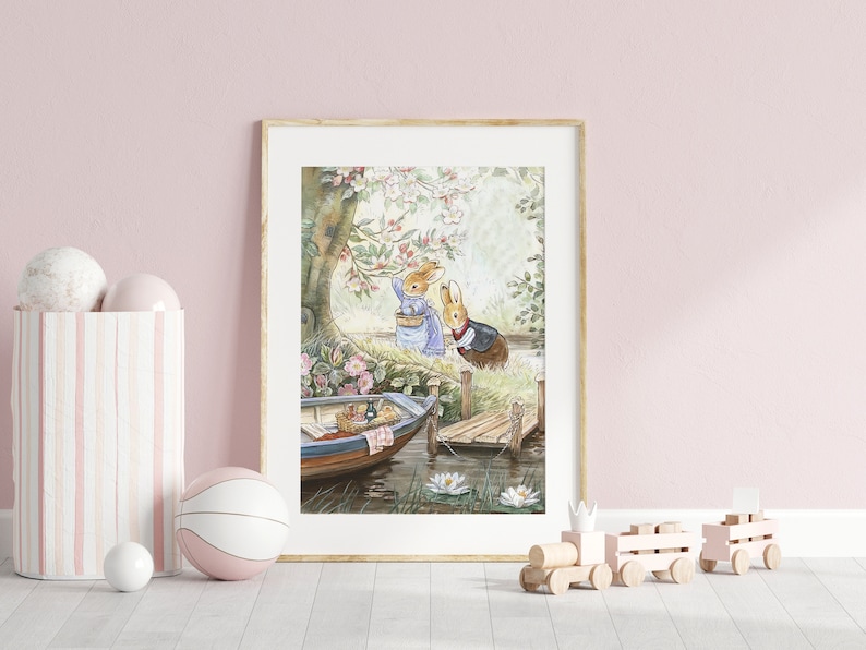 Vintage Beatrix Potter Bunnies Illustration Set of 2, Cute Bunny Wall Art for Nursery, Printable Vintage Children's Room Poster Art.