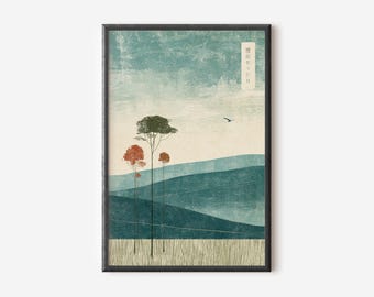Japanese Landscape Poster, Japandi Nature Wall Decor for Living Room or Office, Japanese Woodblock Print.