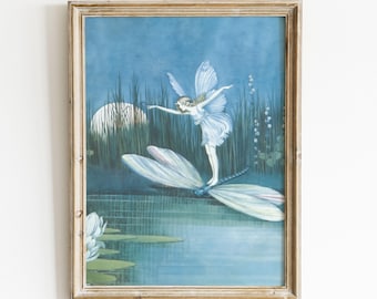 Fairy on Dragonfly Print: Printable Retro Children's Illustration for Nursery