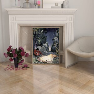 May include: A framed illustration of a woman in a white gown lying on the ground in a forest setting. A man in red clothing sits nearby. The illustration is set against a dark blue background with a single star in the sky.
