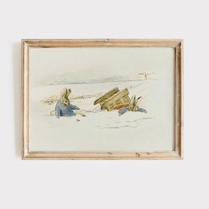 May include: A framed illustration of two rabbits in a snowy landscape. One rabbit is sitting in the snow, while the other is lying on its back with a sled on top of it.